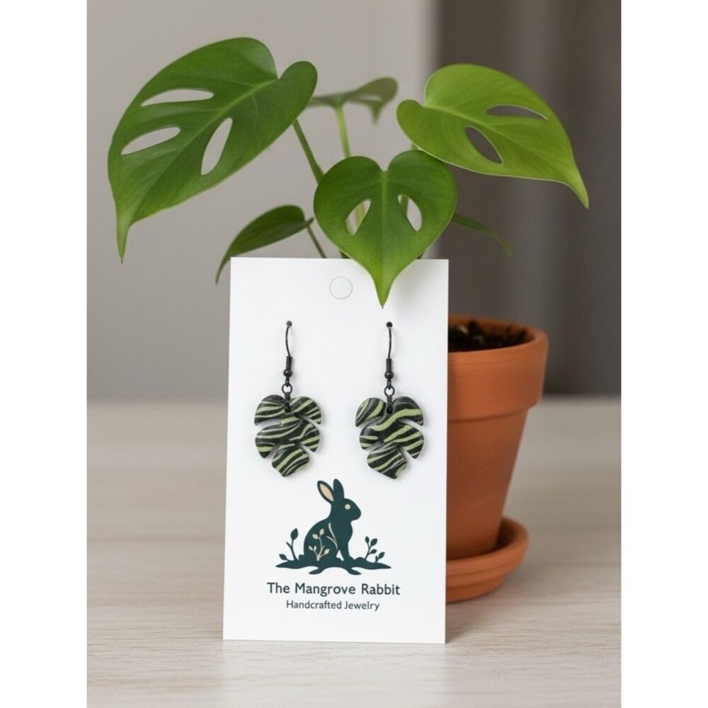 Green & Black Marbled Print Monstera Handmade Large Polymer Clay Dangle Earrings